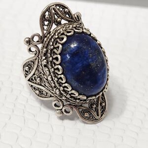 Bold Vtg Turkish Sterling Silver Lapis Lazuli Ring 925 Size 10 Statement Boho
